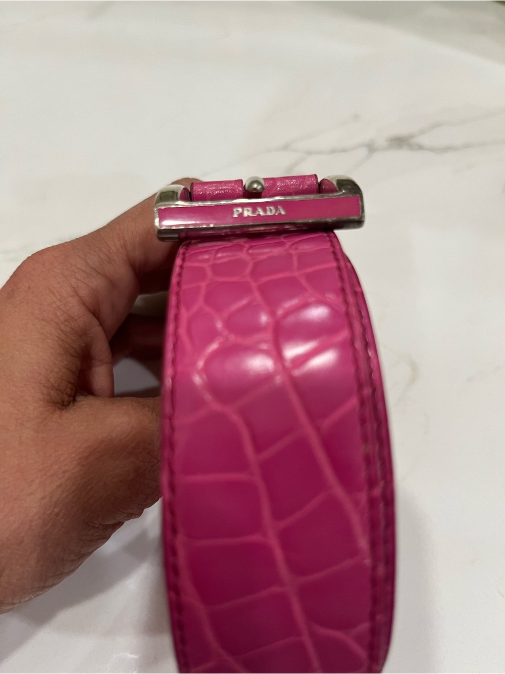 Prada pink Leather Croc-Embossed Women's Belt with silver Buckle 85